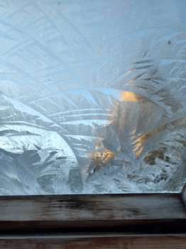 Frost on a greenhouse pane with the tower behind
