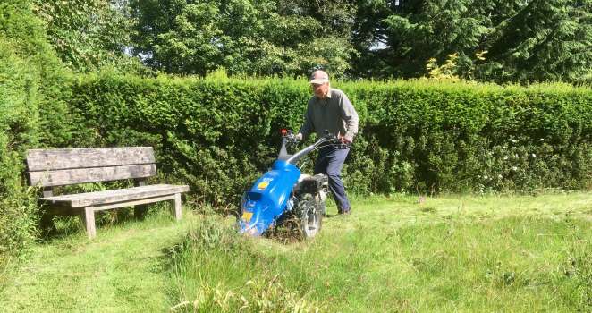 Cutting hay on the front lawns with our two wheeled tractor