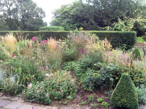 Patio grasses and autumn perennials backed by newly cut yew hedges